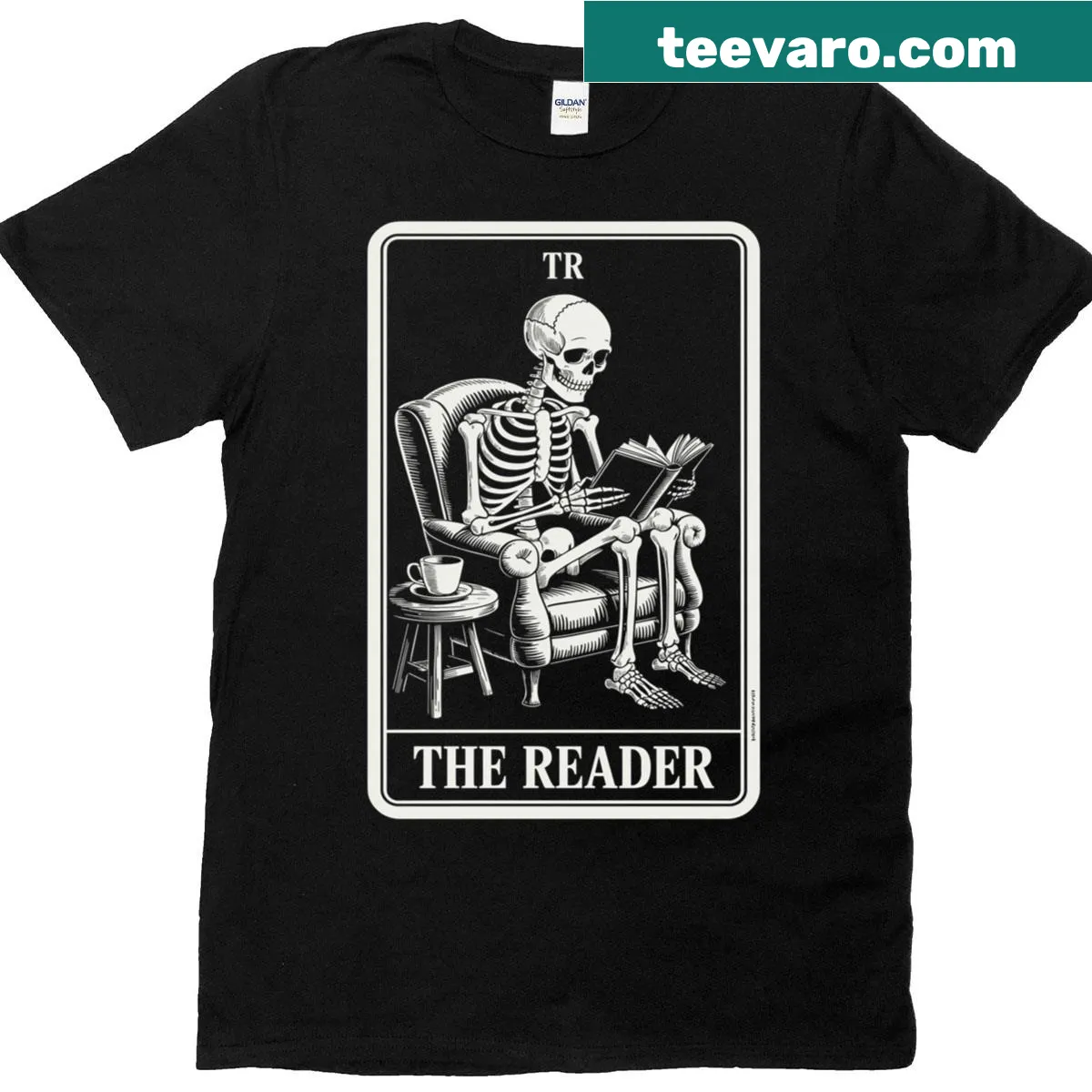 Humorous skeleton reading a book with tarot card elements — on a men's t-shirt
