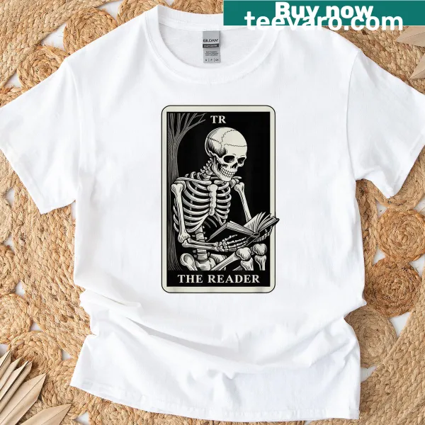 Funny t-shirt with skeleton reading a book and tarot card elements, celebrating literature