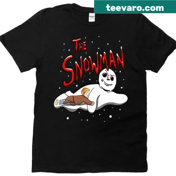 Black t-shirt featuring a horror-themed snowman and Jack Frost mashup graphic
