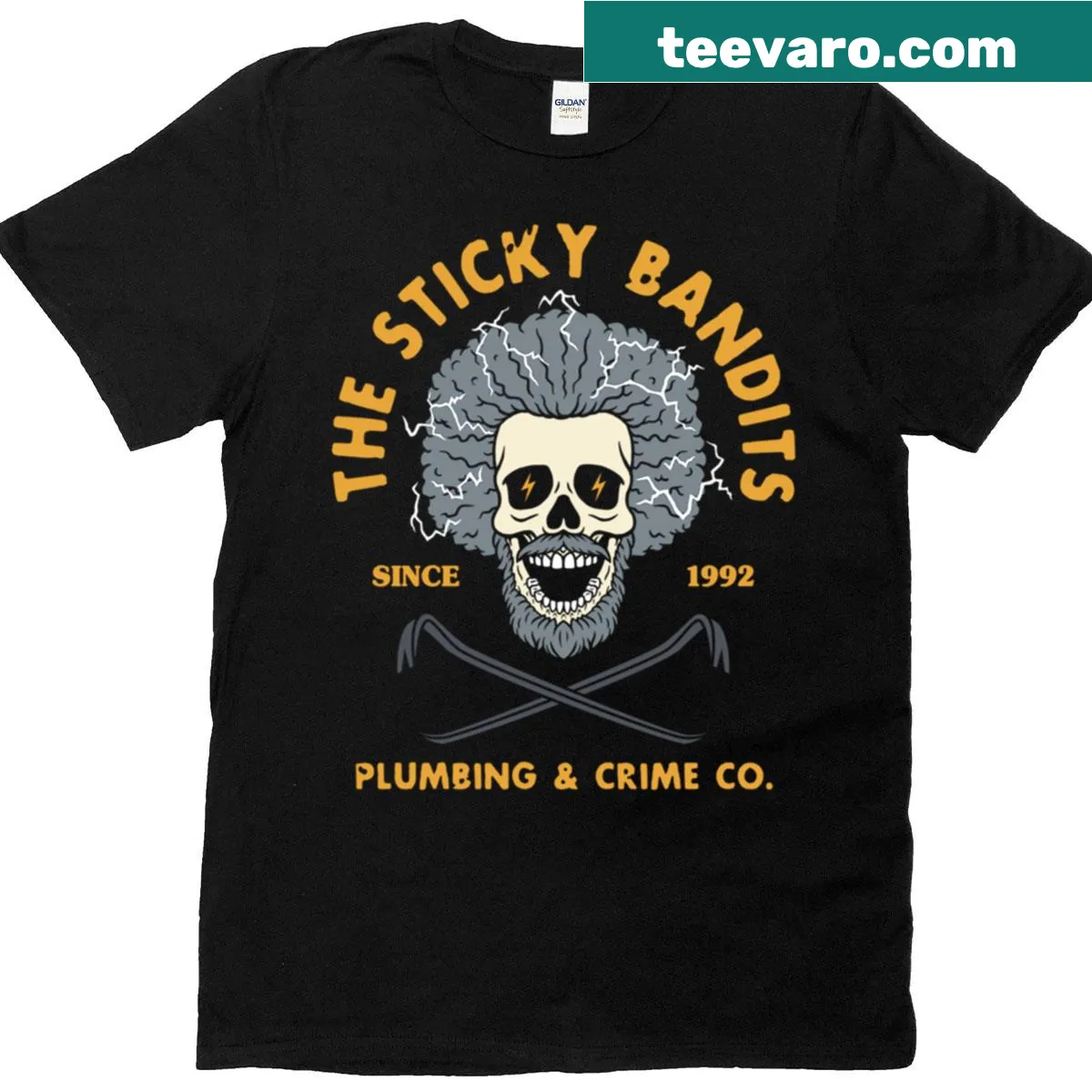 Playful graphic of 'The Sticky Bandits - Plumbing Crime Co' on a T-shirt — on a men's t-shirt