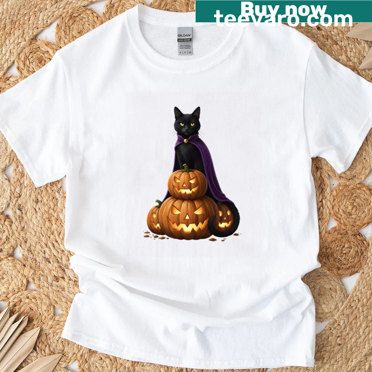T-shirt featuring a cat witch graphic — on a men's t-shirt