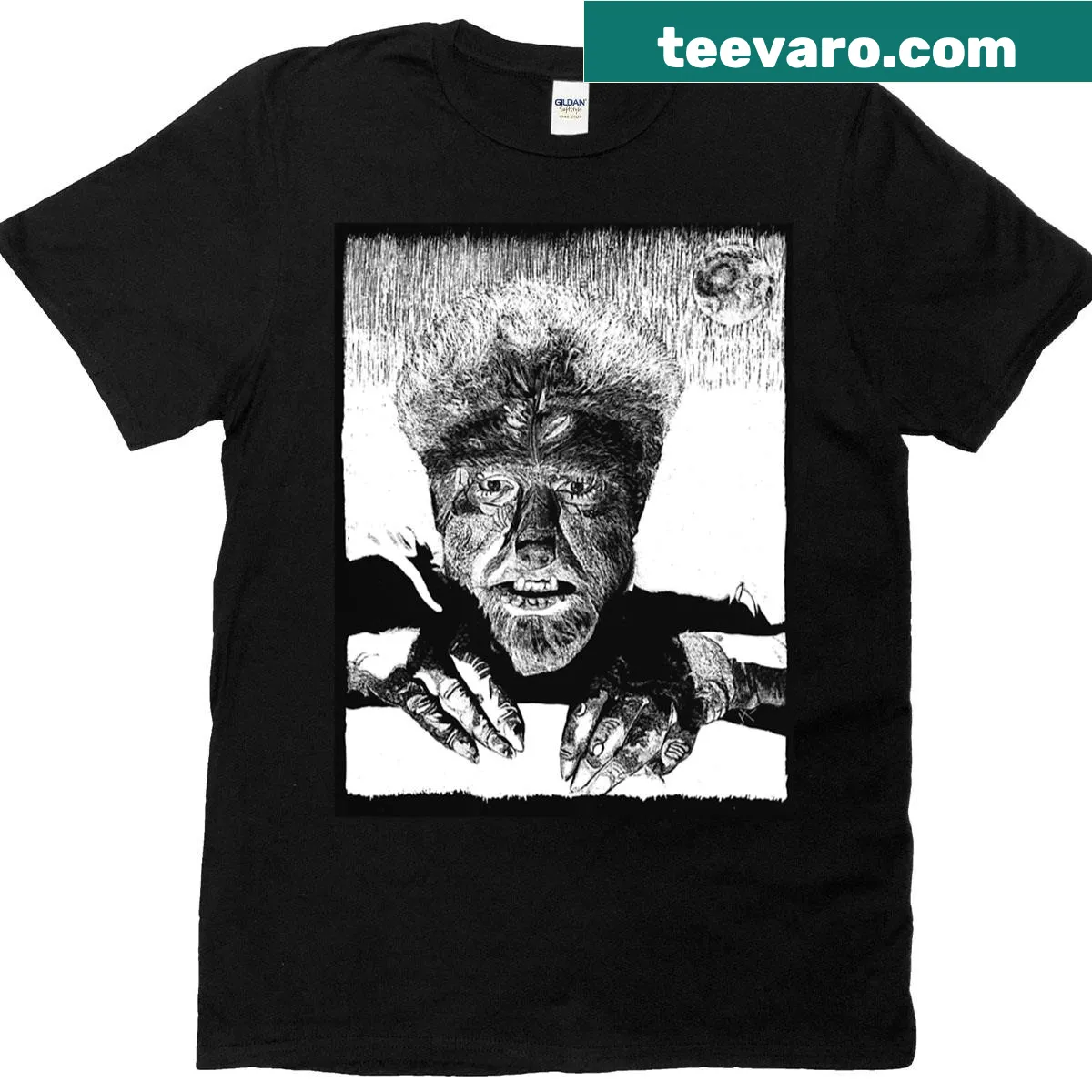 Halloween T-shirt with whimsical wolf man illustration — on a men's t-shirt