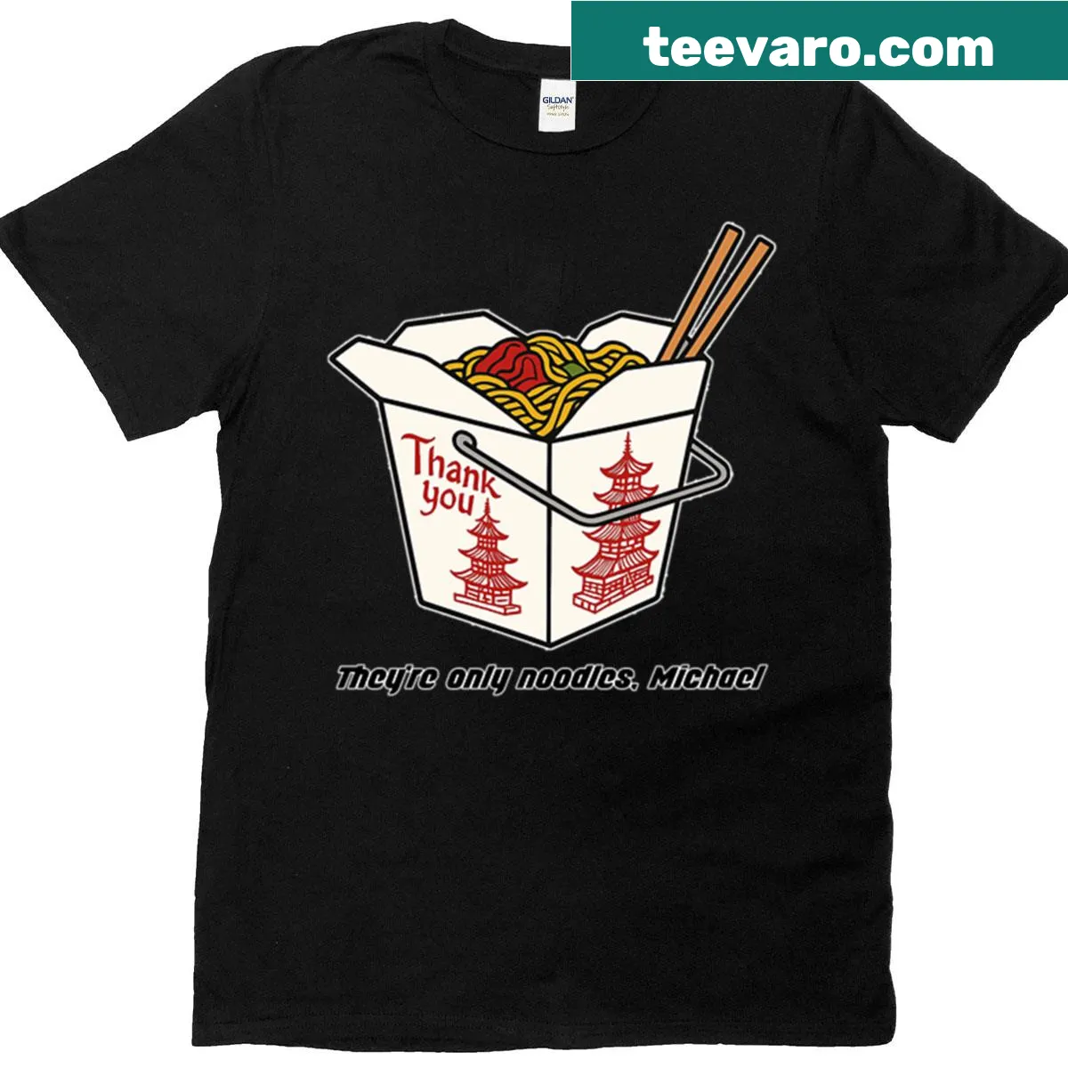 Playful graphic referencing 'The Lost Boys' with noodles on T-shirt — on a men's t-shirt