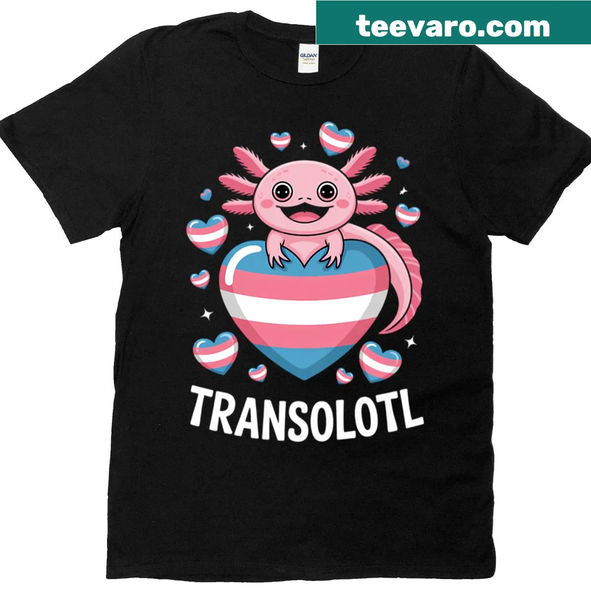 Happy axolotl illustration with rainbow elements — on a men's t-shirt