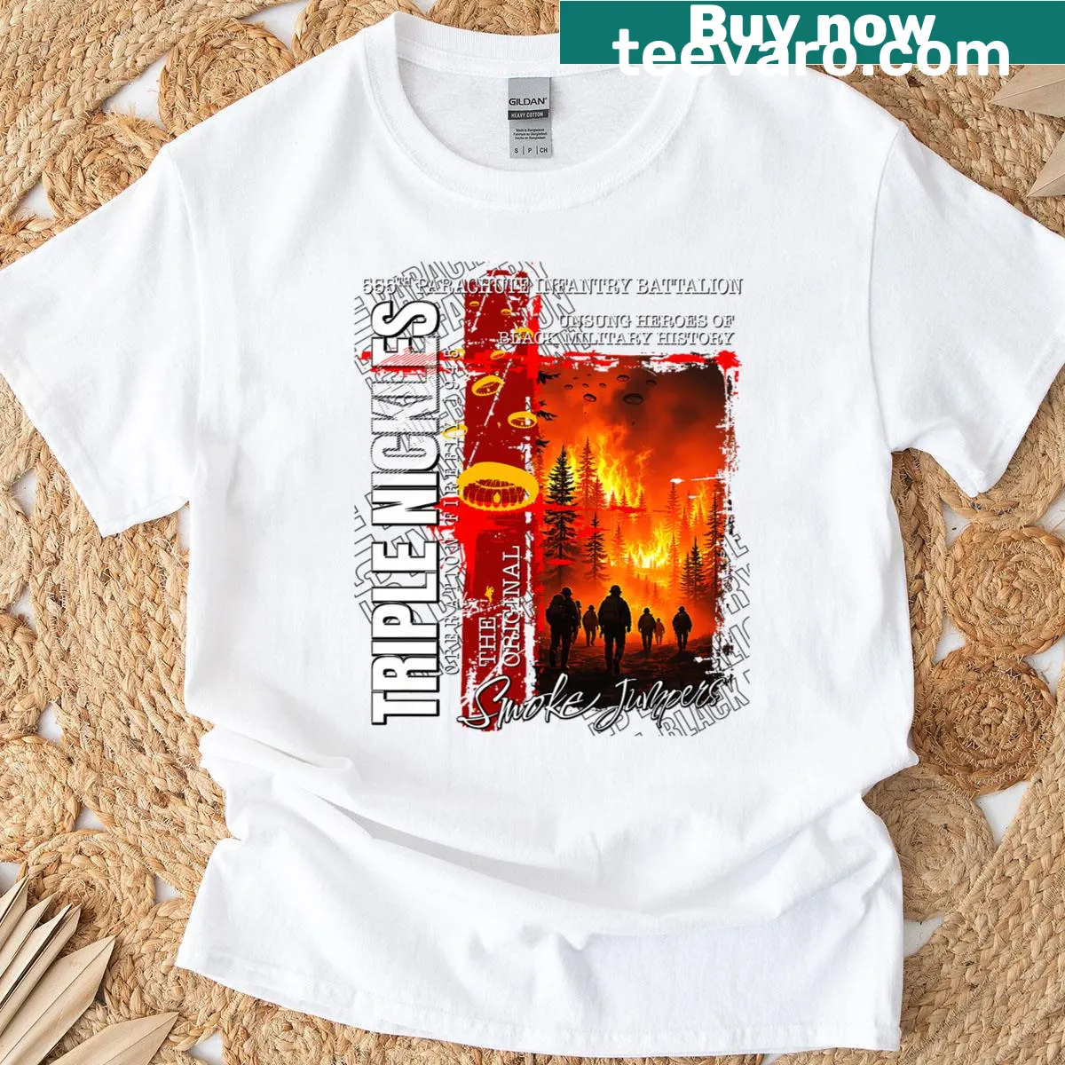 Commemorative t-shirt honoring the Triple Nickles WWII smokejumpers with emblematic design — on a men's t-shirt