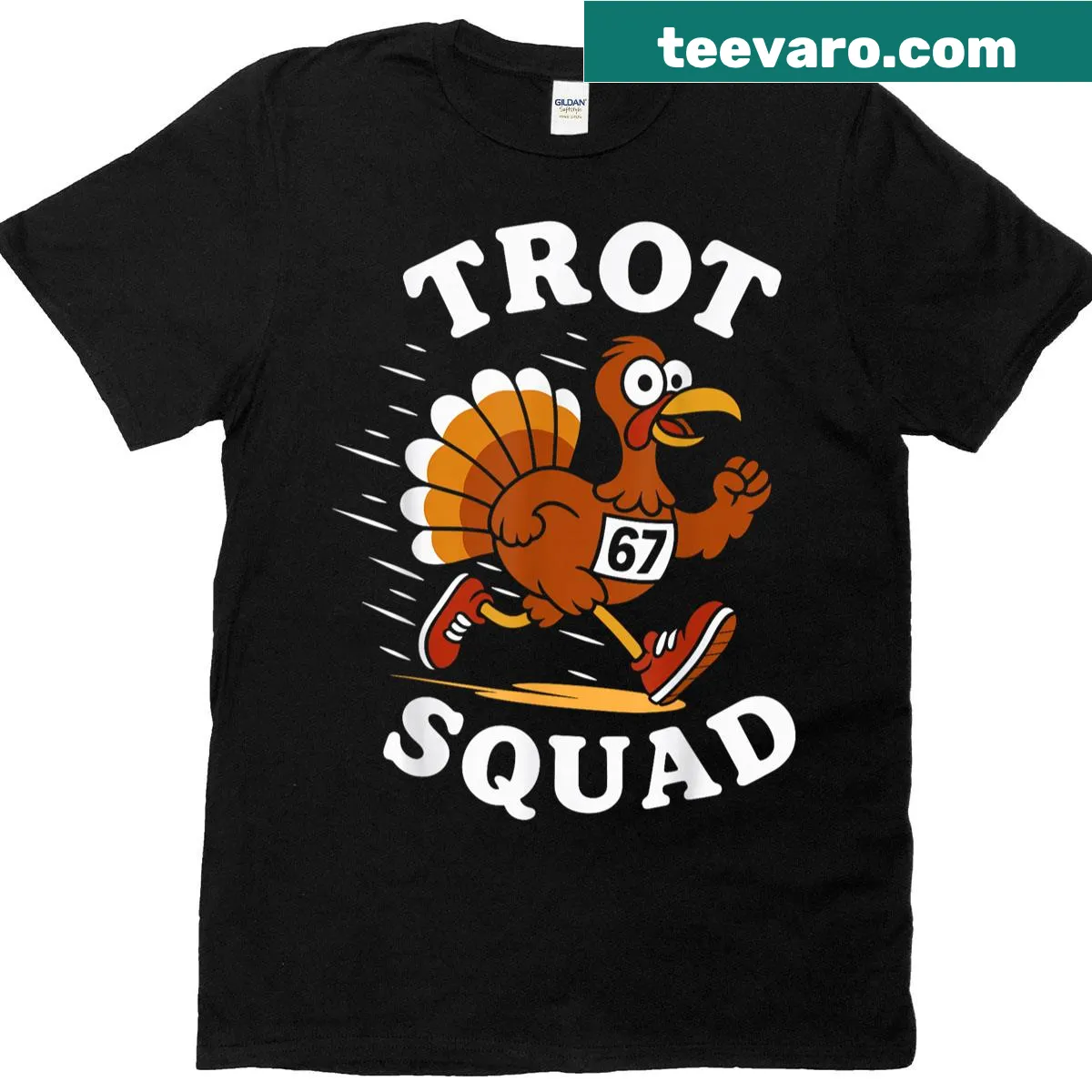 Funny Thanksgiving shirt with cartoon turkey and Trot Squad text — on a men's t-shirt