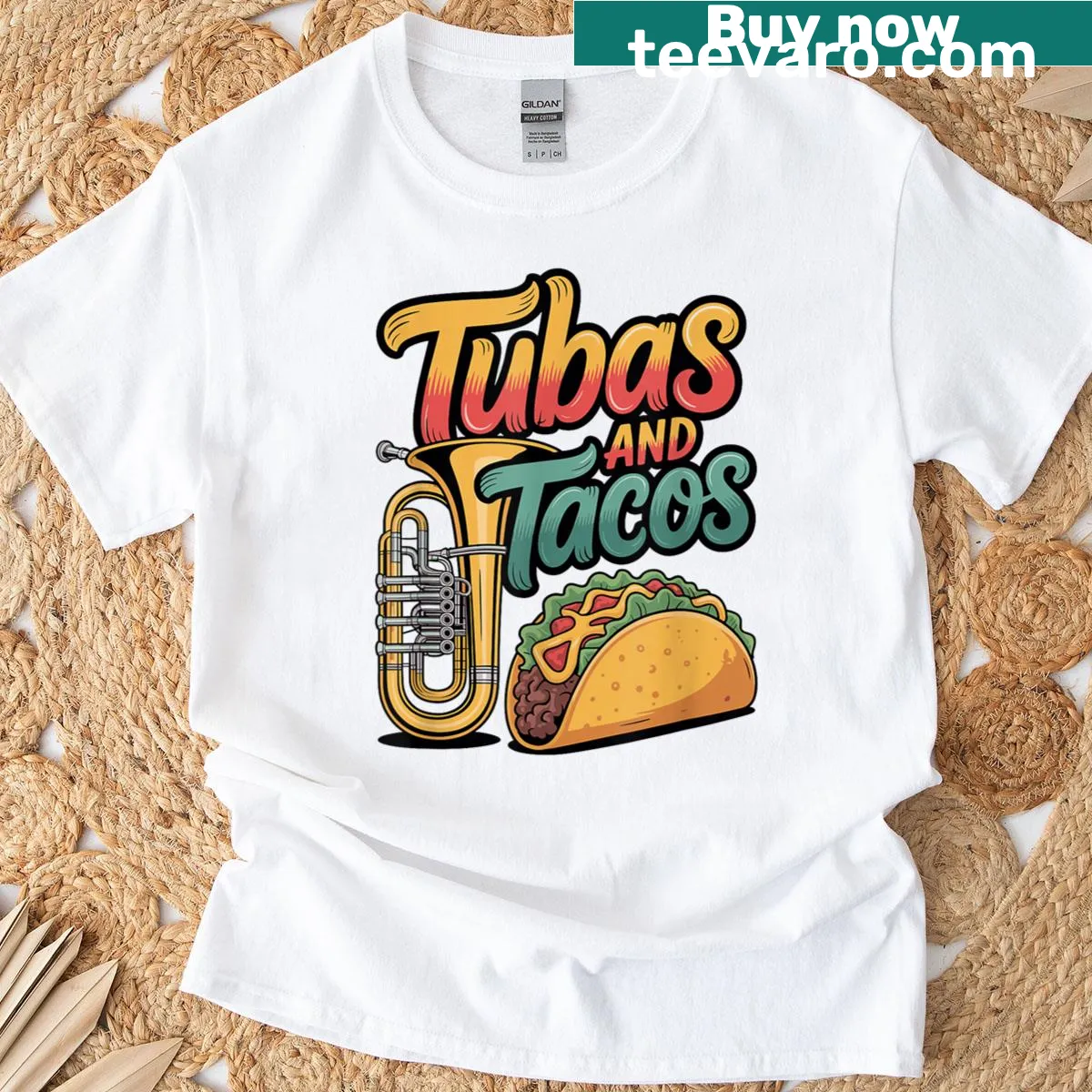 Cartoon design featuring tubas and tacos on a T-shirt — on a men's t-shirt