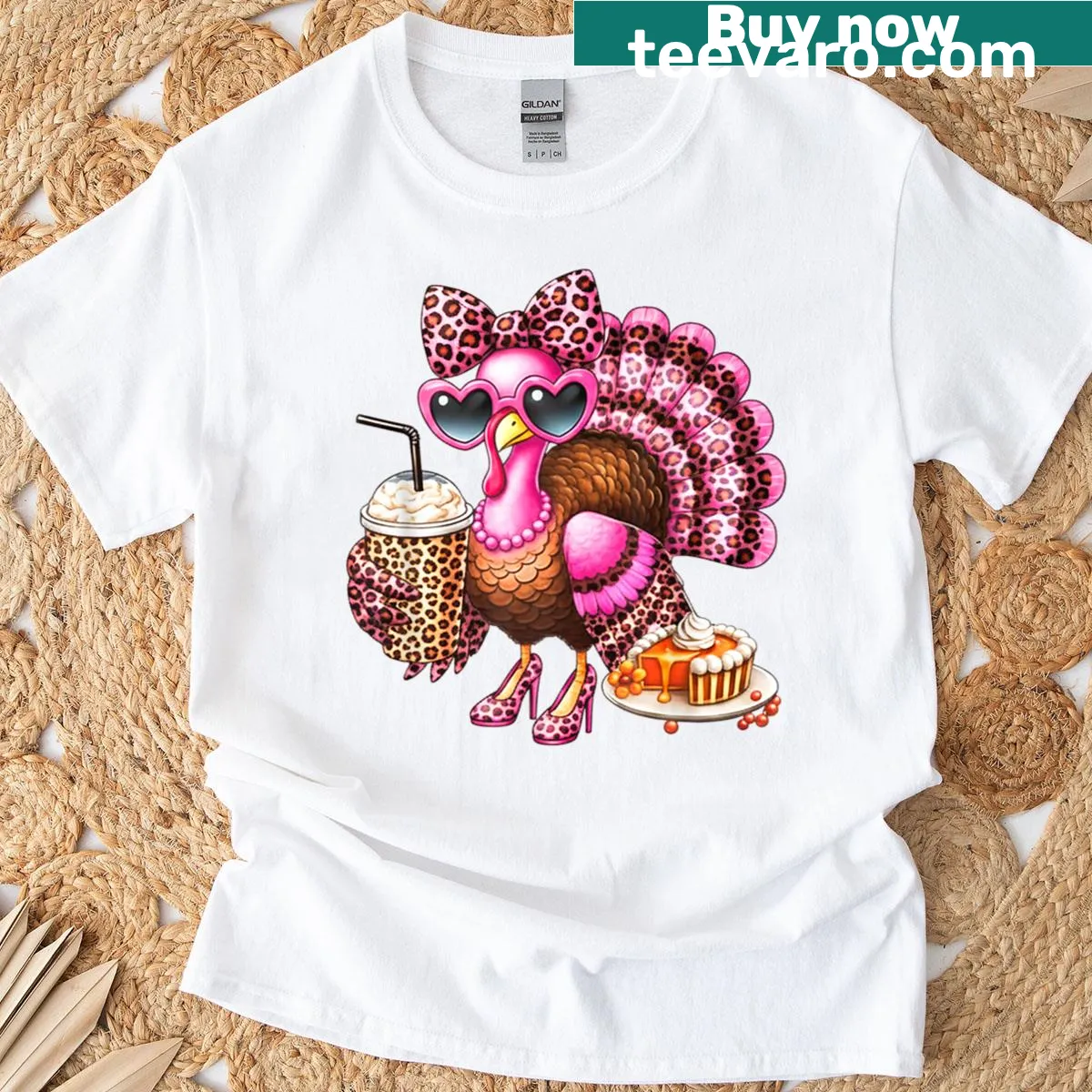 Cartoon turkey drinking coffee with bow on a T-shirt — on a men's t-shirt