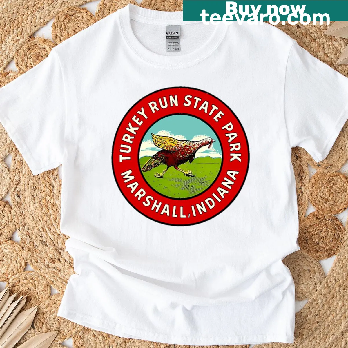 Vintage travel decal t-shirt representing Turkey Run State Park, celebrating outdoor adventures — on a men's t-shirt
