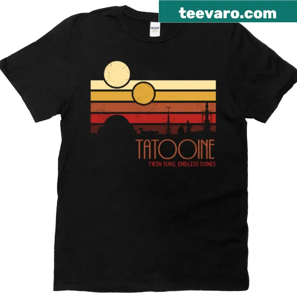 Illustration of twin suns over endless sand dunes in a desert landscape