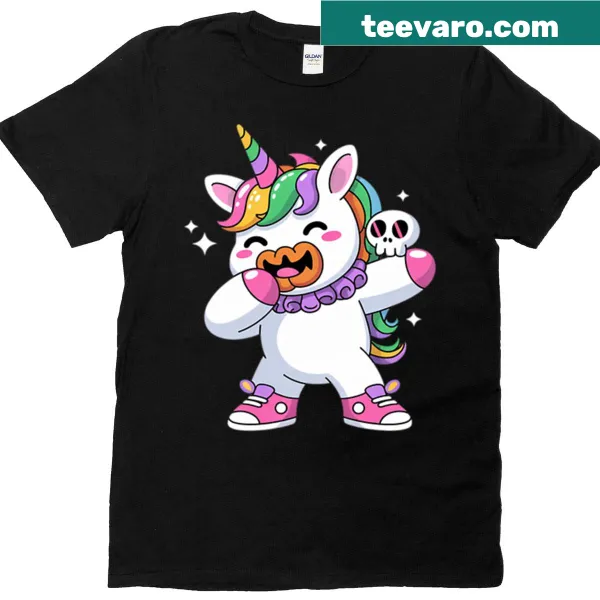 Cartoon unicorn dabbing in costume on Halloween T-shirt