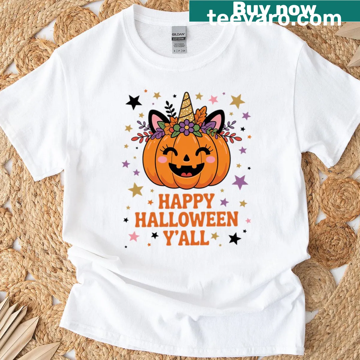 Cute unicorn and pumpkin graphic for Halloween kids T-shirt. — on a men's t-shirt