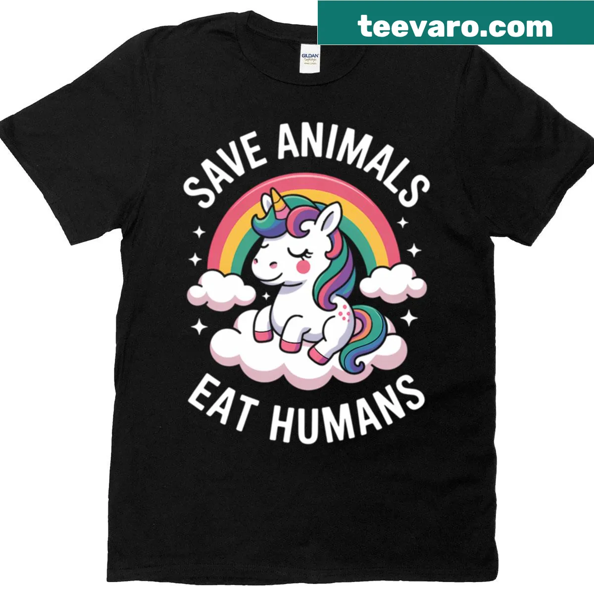 Whimsical shirt featuring a unicorn and animals for vegan support — on a men's t-shirt