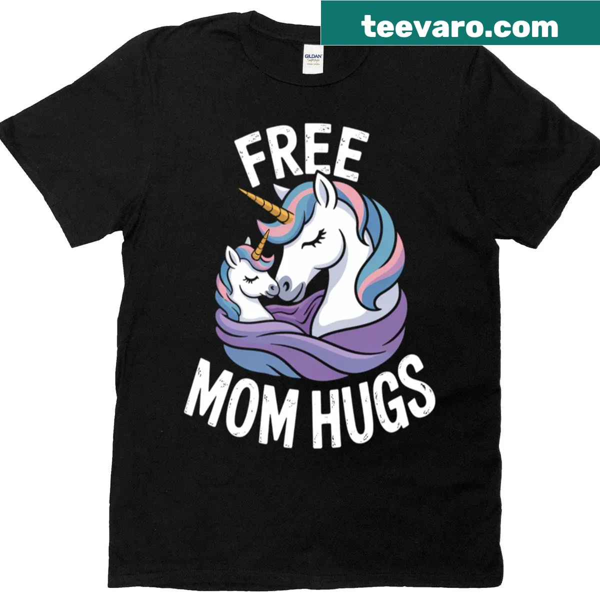 Cute cartoon unicorn with transgender pride flag in a wholesome design. — on a men's t-shirt