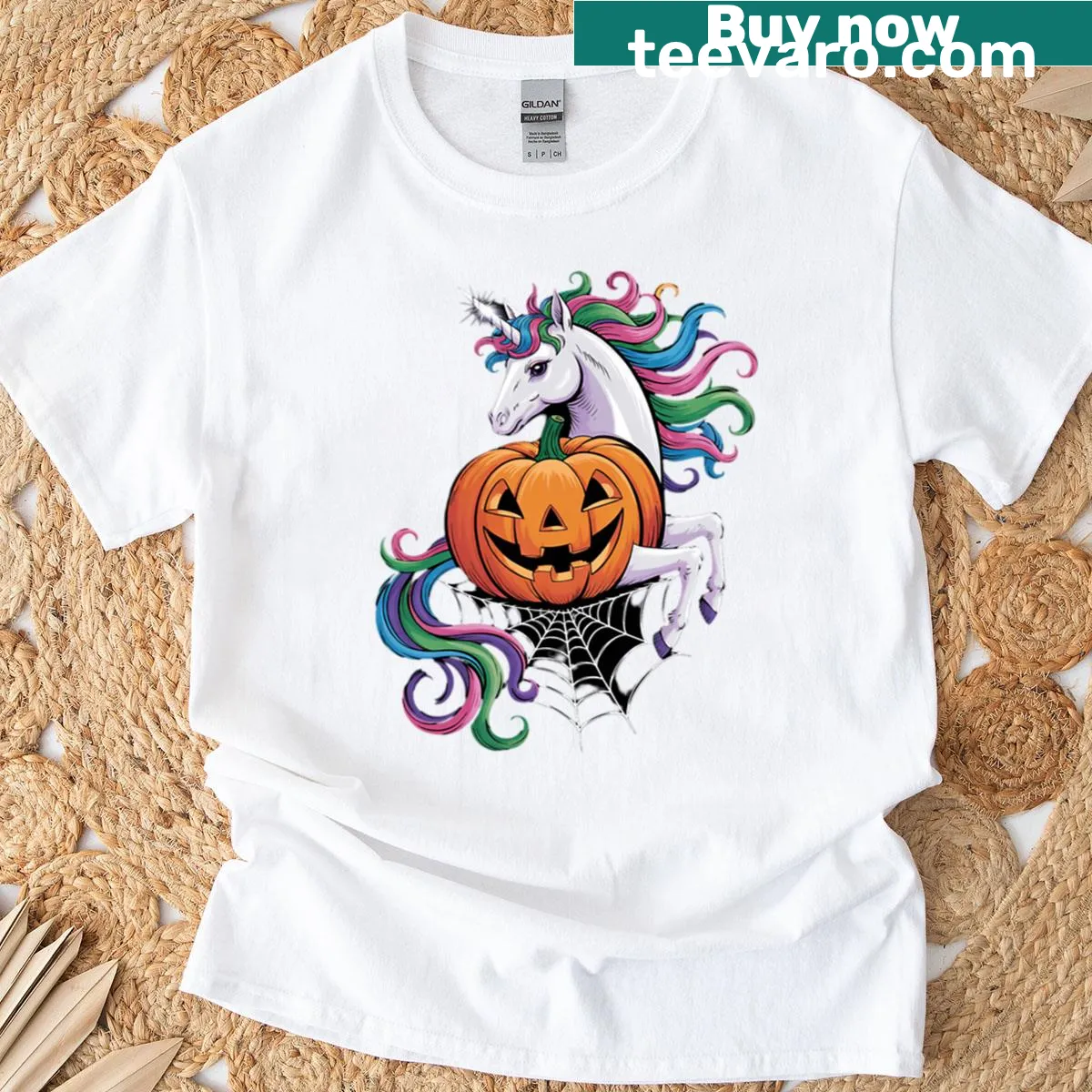 Cute unicorn wearing a pumpkin graphic on a Halloween T-shirt — on a men's t-shirt