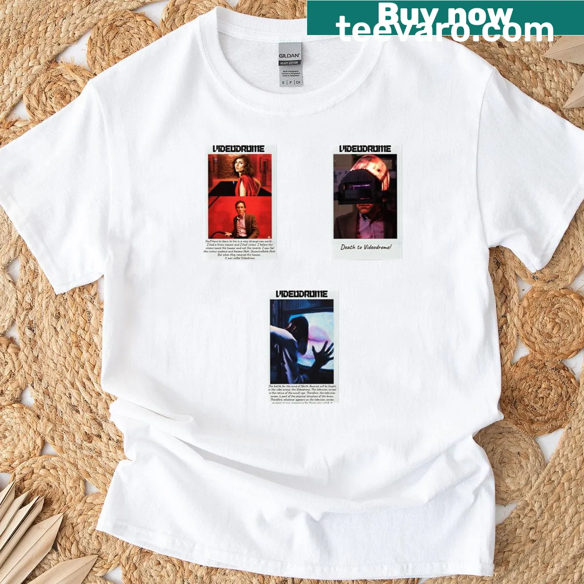 Videodrome movie-themed T-shirt featuring iconic sticker designs — on a men's t-shirt