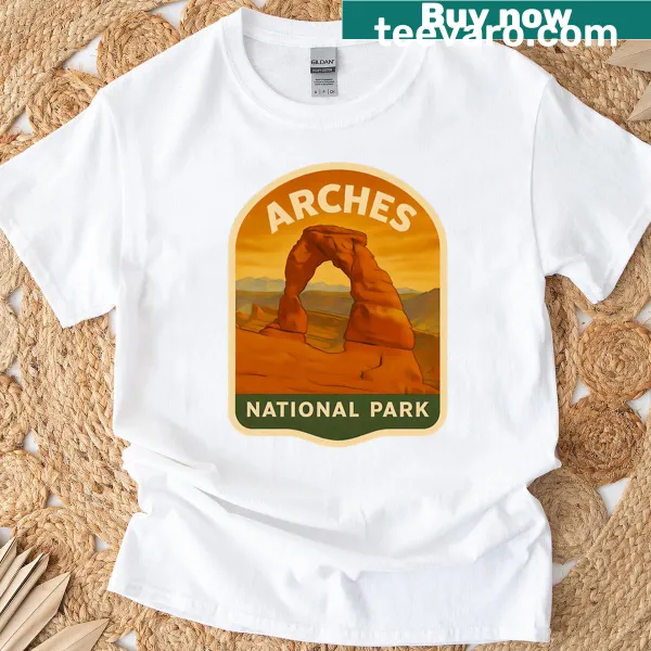 Illustrated Arches National Park design on vintage-style T-shirt