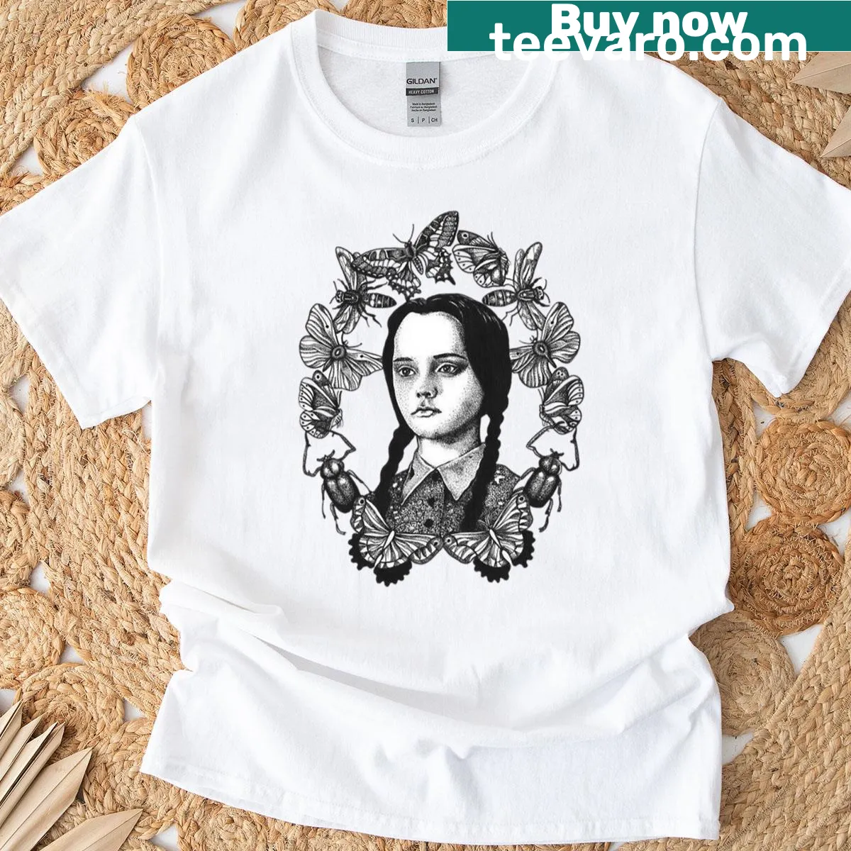 Vintage Wednesday Addams t-shirt with butterfly and insect illustration — on a men's t-shirt