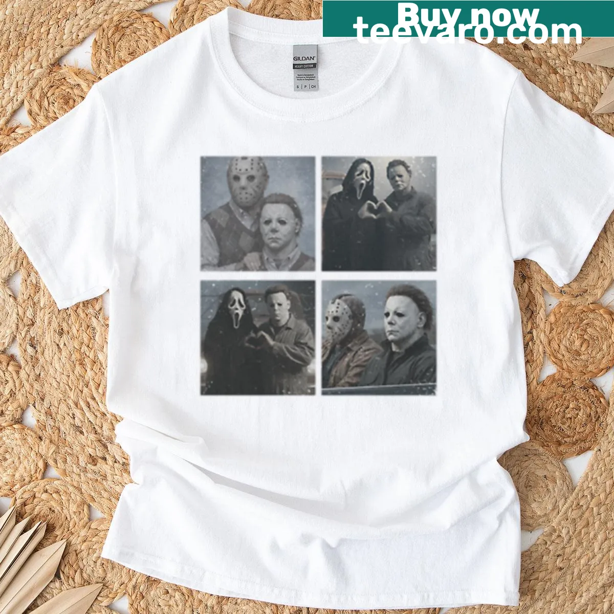 Vintage Halloween T-shirt with Ghostface and Jason heart hands — on a men's t-shirt