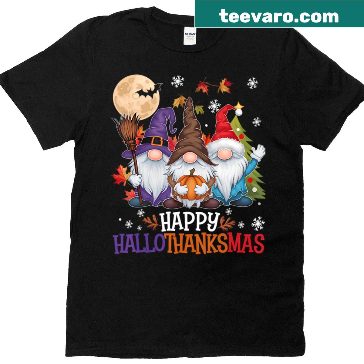 Festive t-shirt featuring a Christmas tree design for Hallothanksmas celebrations. — on a men's t-shirt