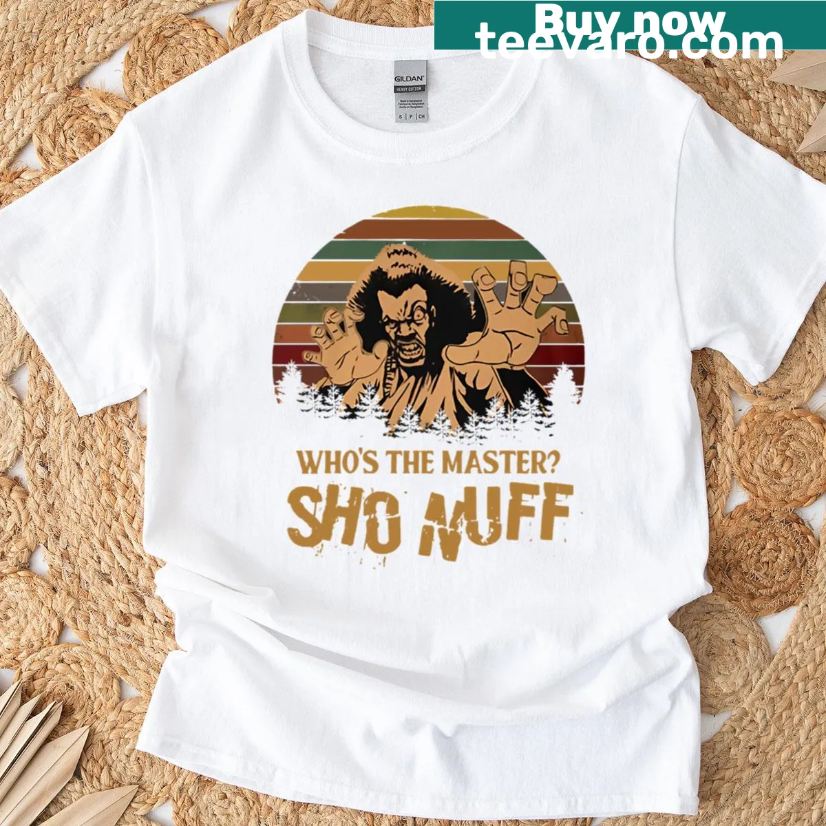 Vintage t-shirt featuring the phrase Whos The Master Sho Nuff — on a men's t-shirt