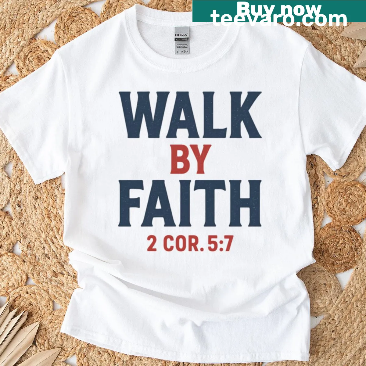 Inspirational Christian t-shirt featuring the phrase Walk By Faith — on a men's t-shirt