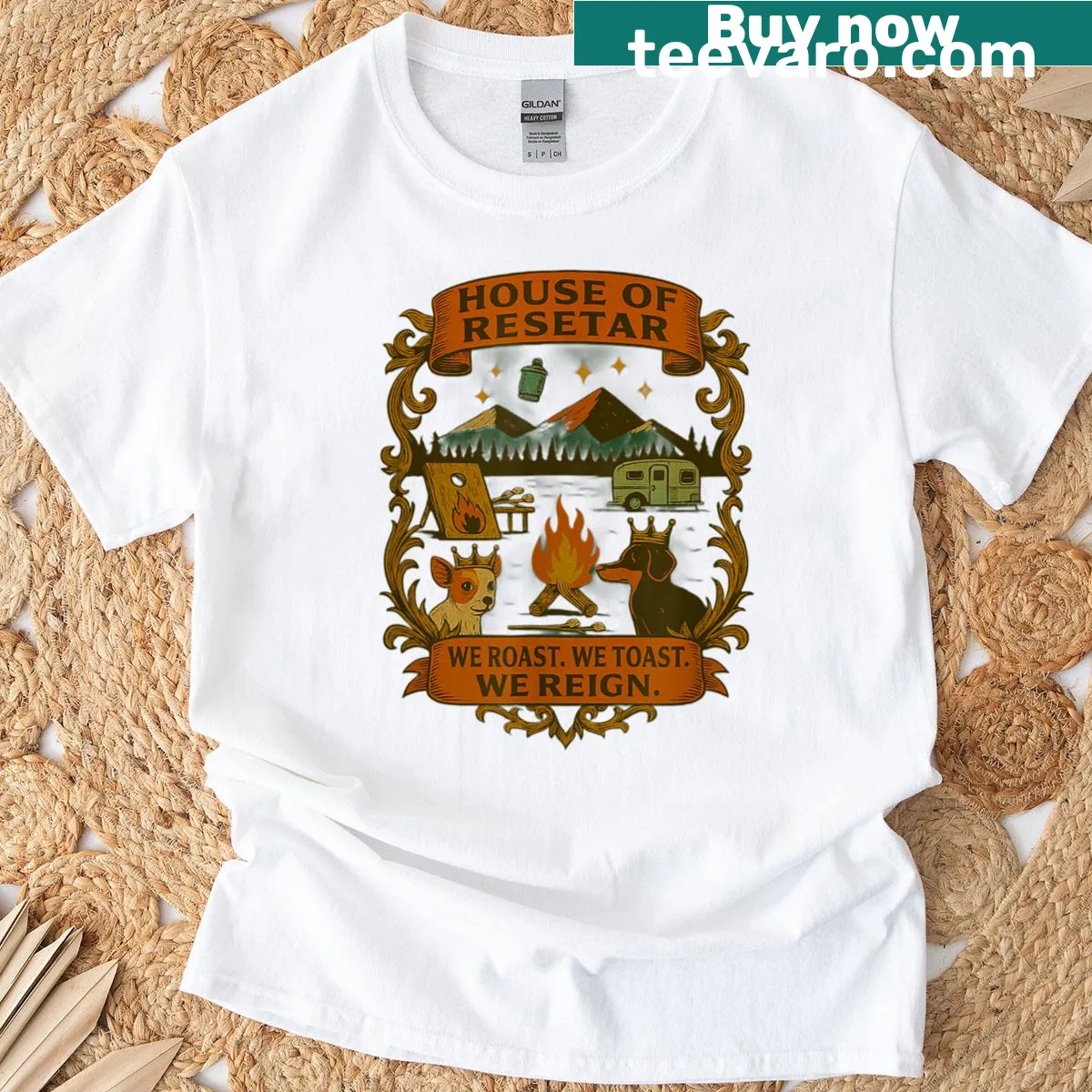 Playful T-shirt with the phrase 'We Roast We Toast We Reign' — on a men's t-shirt