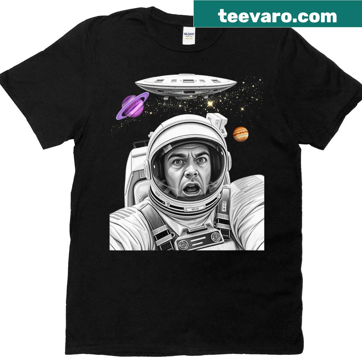 Whimsical astronaut T-shirt featuring UFO illustration — on a men's t-shirt