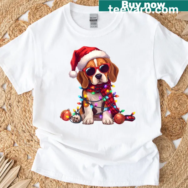 Funny beagle dog wearing Santa hat and Christmas lights graphic t-shirt