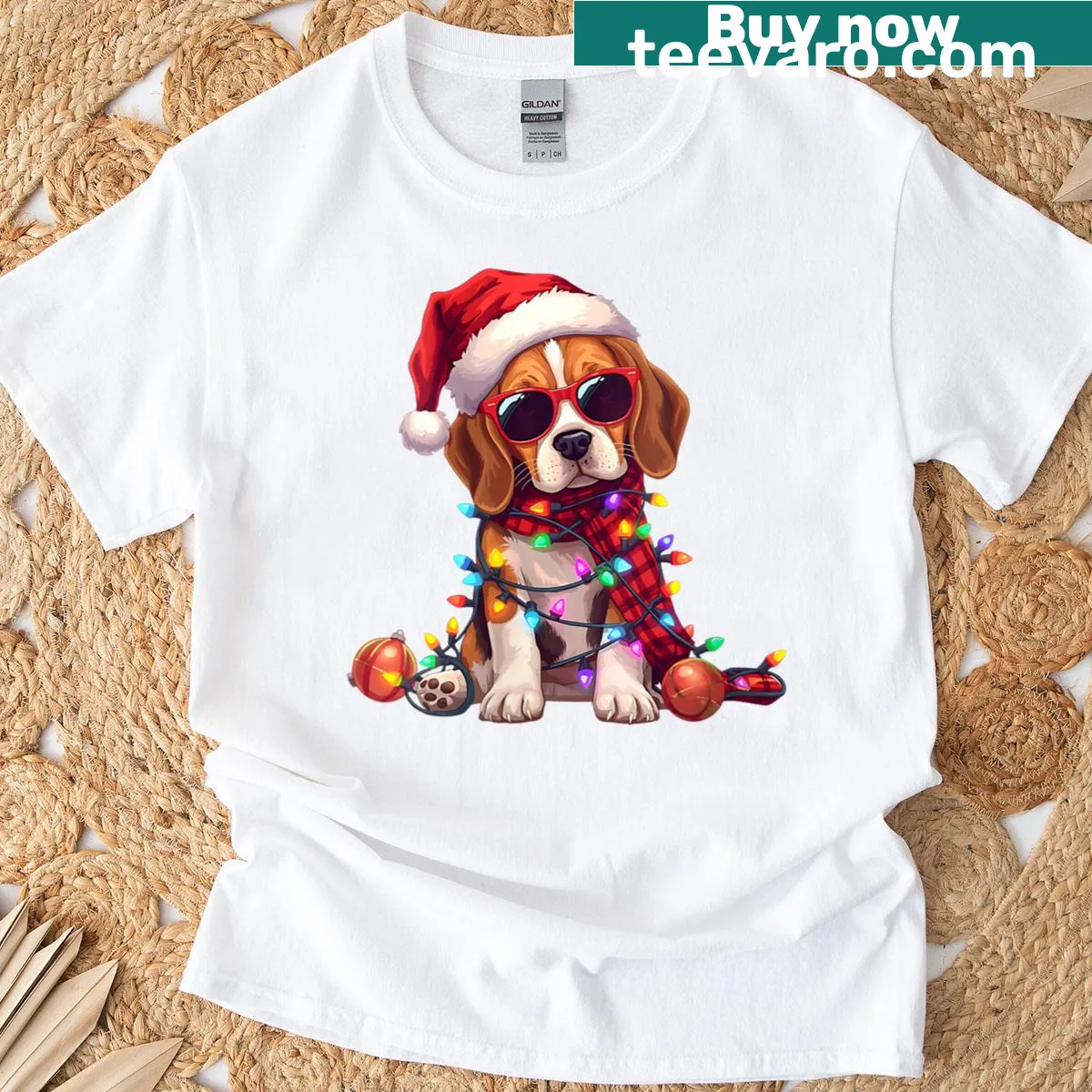 Funny beagle dog wearing Santa hat and Christmas lights graphic t-shirt — on a men's t-shirt