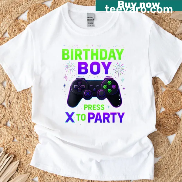 Birthday Boy Gamer t-shirt with 'Press X To Party' graphic