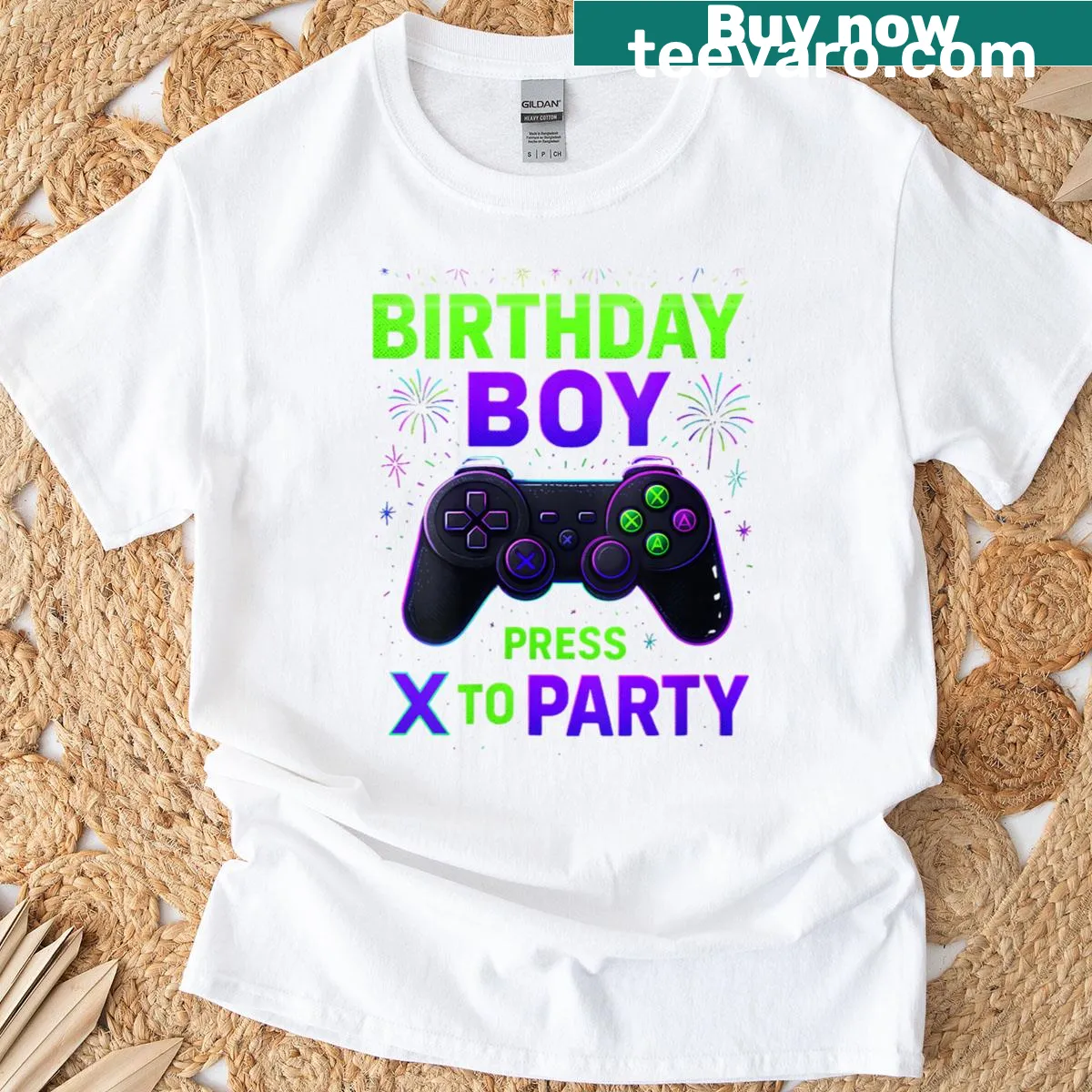 Birthday Boy Gamer t-shirt with 'Press X To Party' graphic — on a men's t-shirt