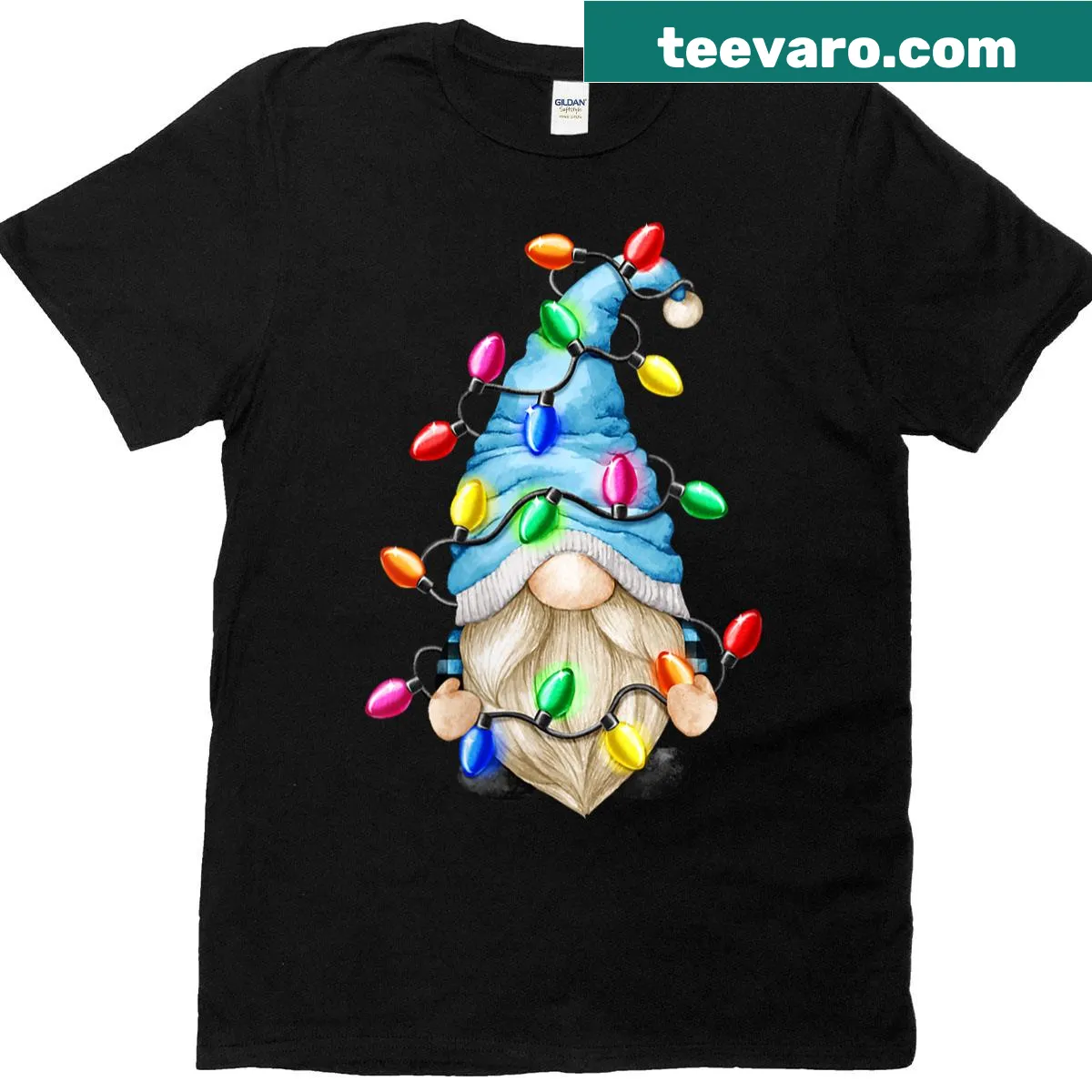 Christmas lights and gnome graphic T-shirt — on a men's t-shirt