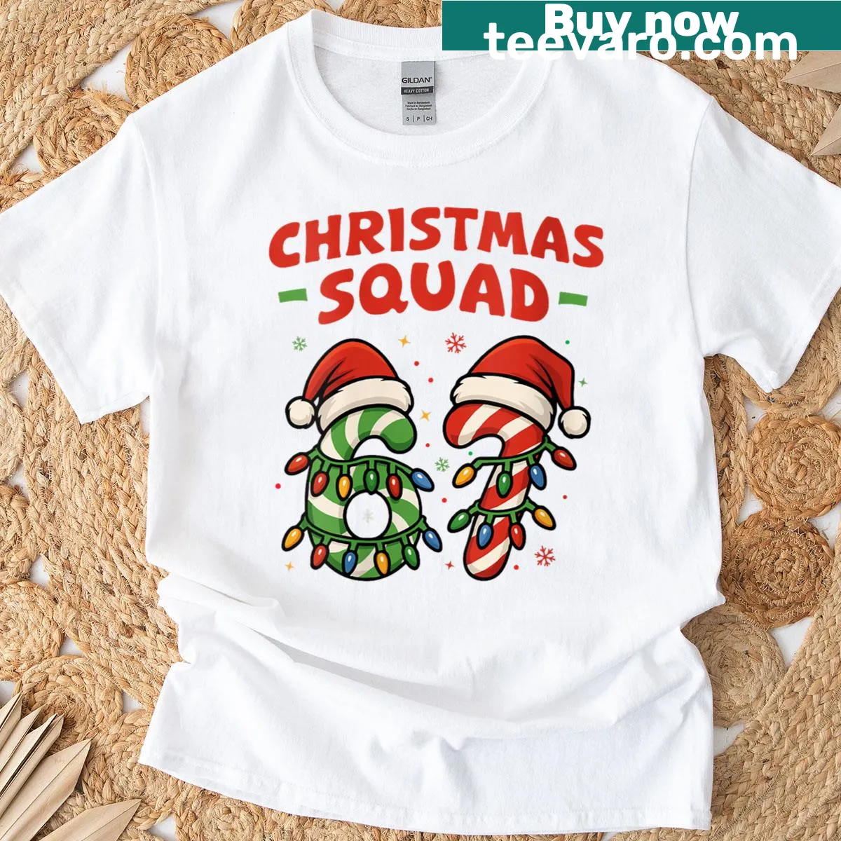 Funny meme-themed 'Christmas Squad 67' text on t-shirt — on a men's t-shirt
