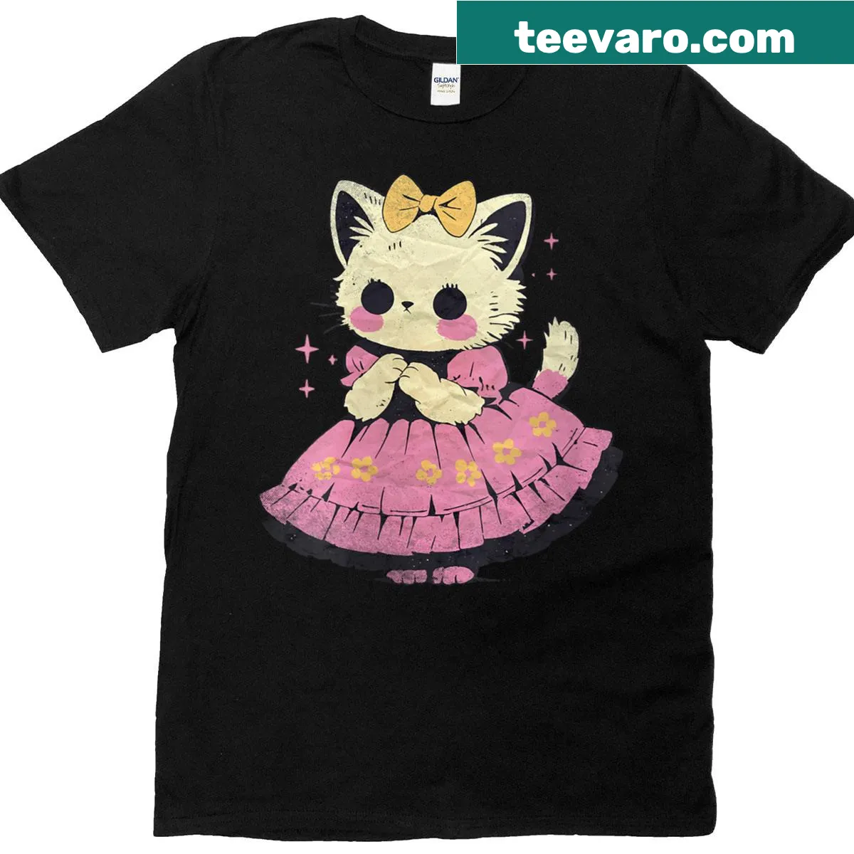 Cute goth cat illustration featuring a floral dress on a women's t-shirt — on a men's t-shirt