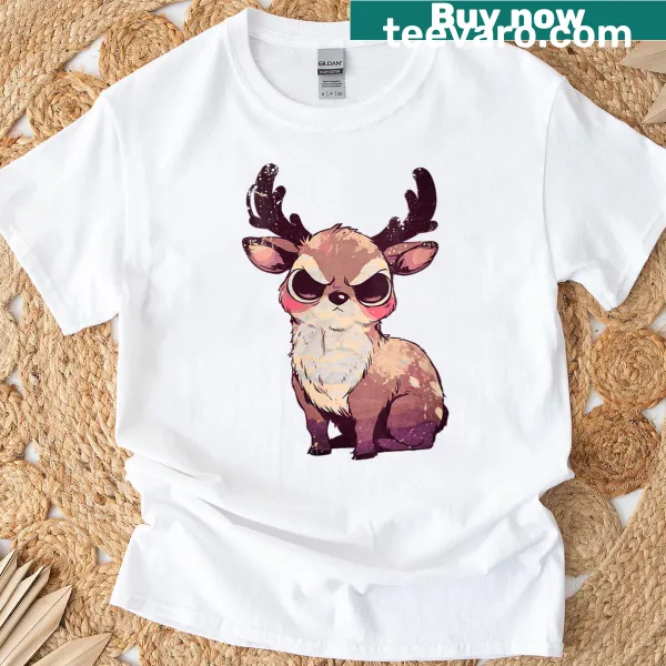 Cute cartoon reindeer graphic T-shirt designed for women