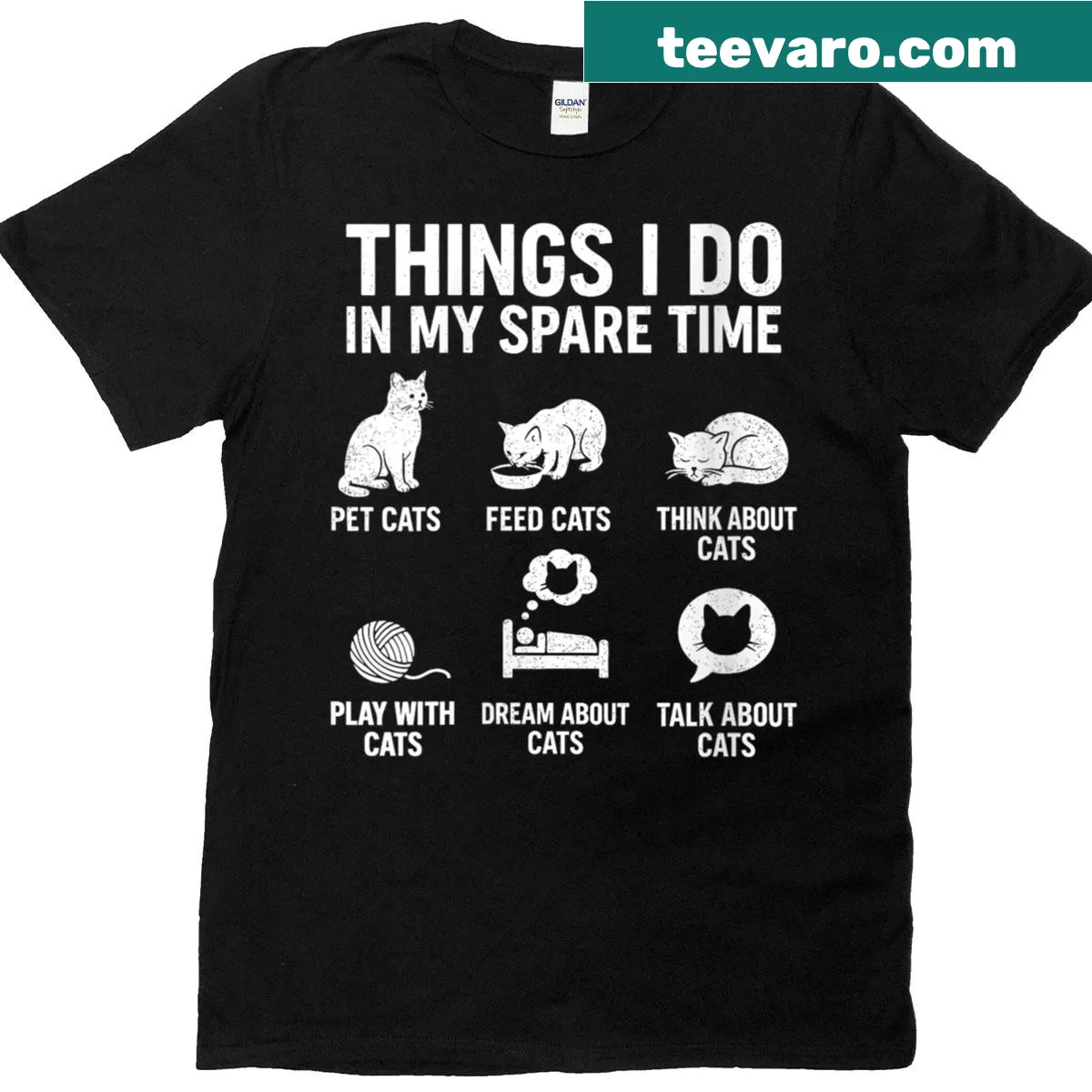 Funny cat lover T-shirt listing humorous spare time activities — on a men's t-shirt
