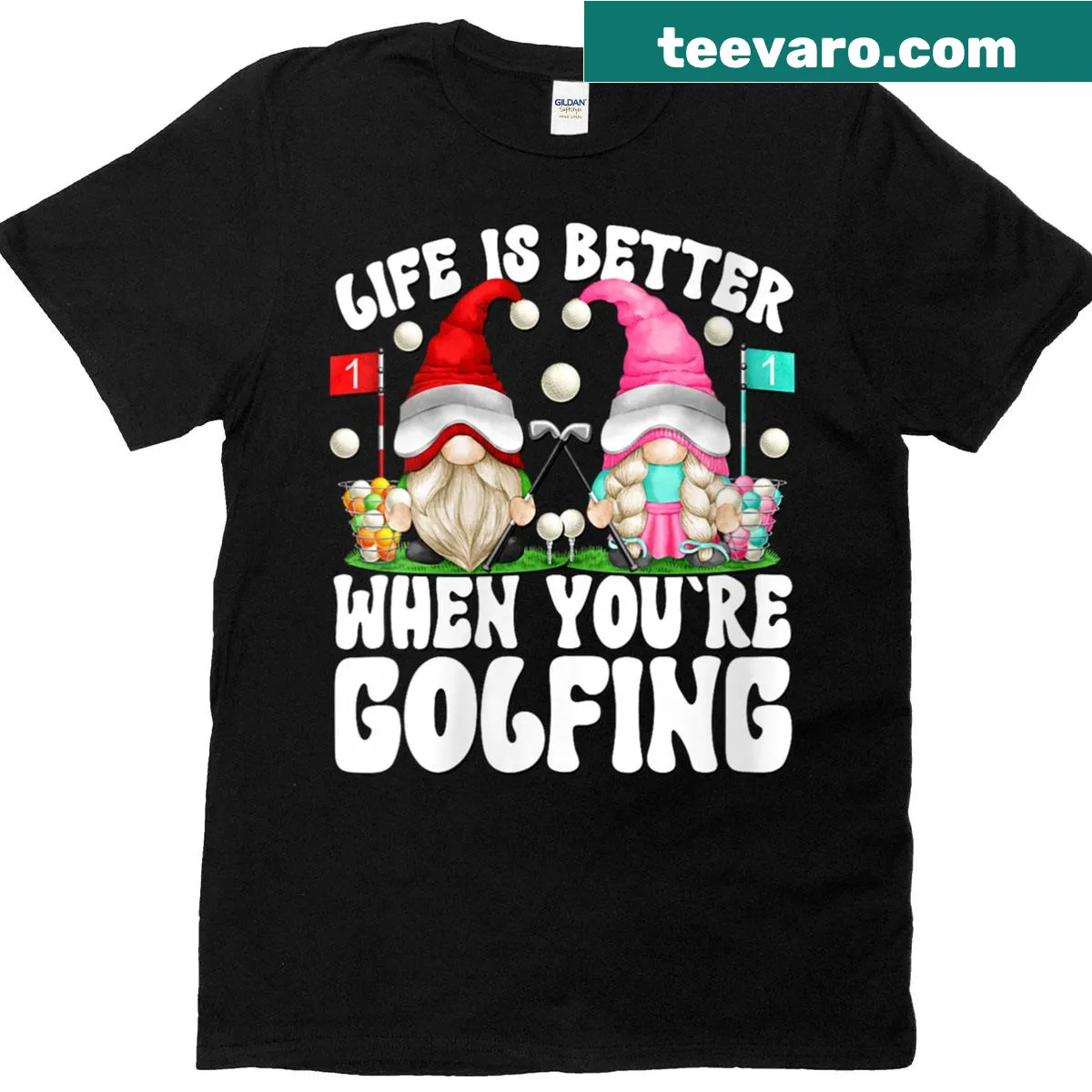 Retired gnome golf lover T-shirt with cheerful illustration — on a men's t-shirt