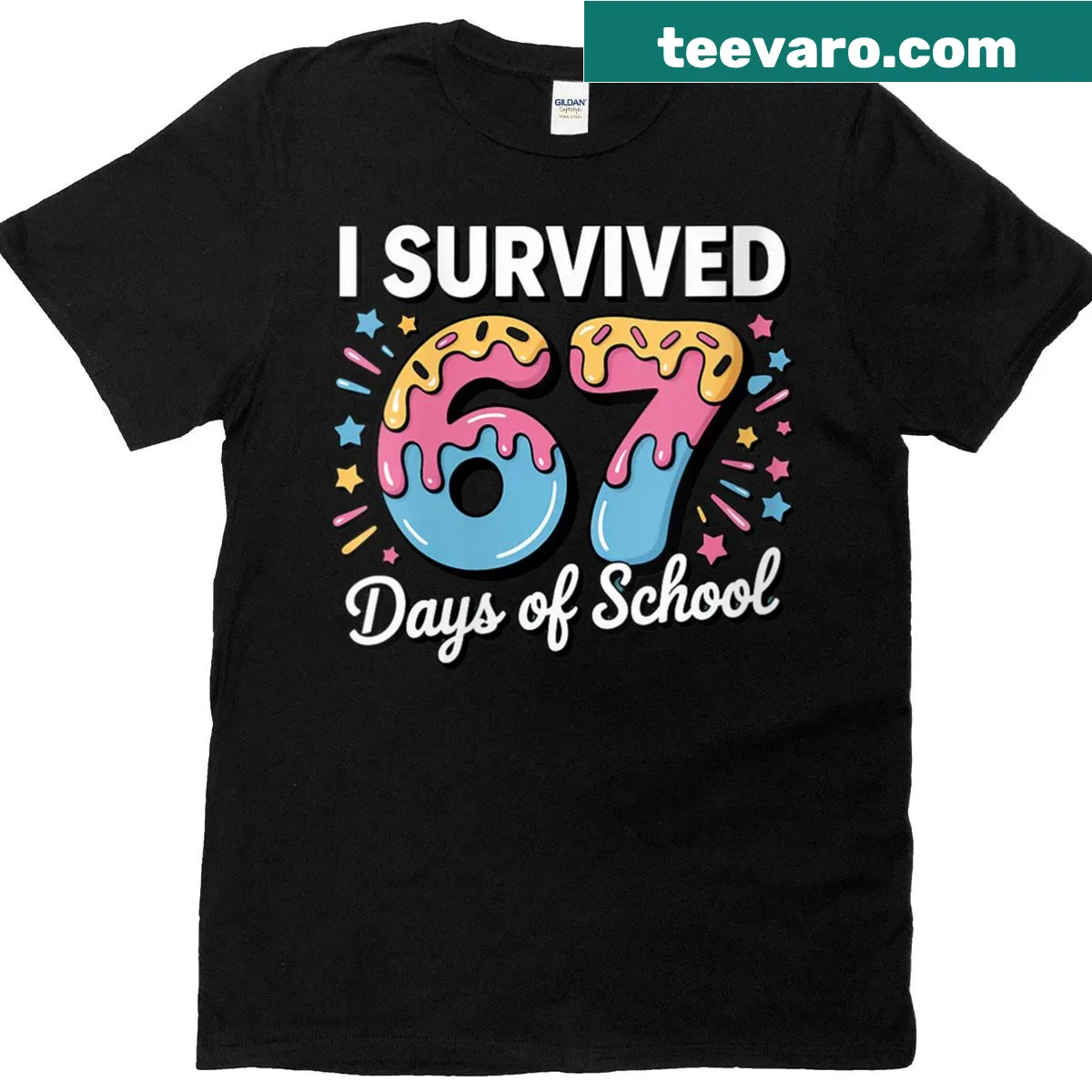 Funny teacher t-shirt celebrating survival of 67 school days — on a men's t-shirt