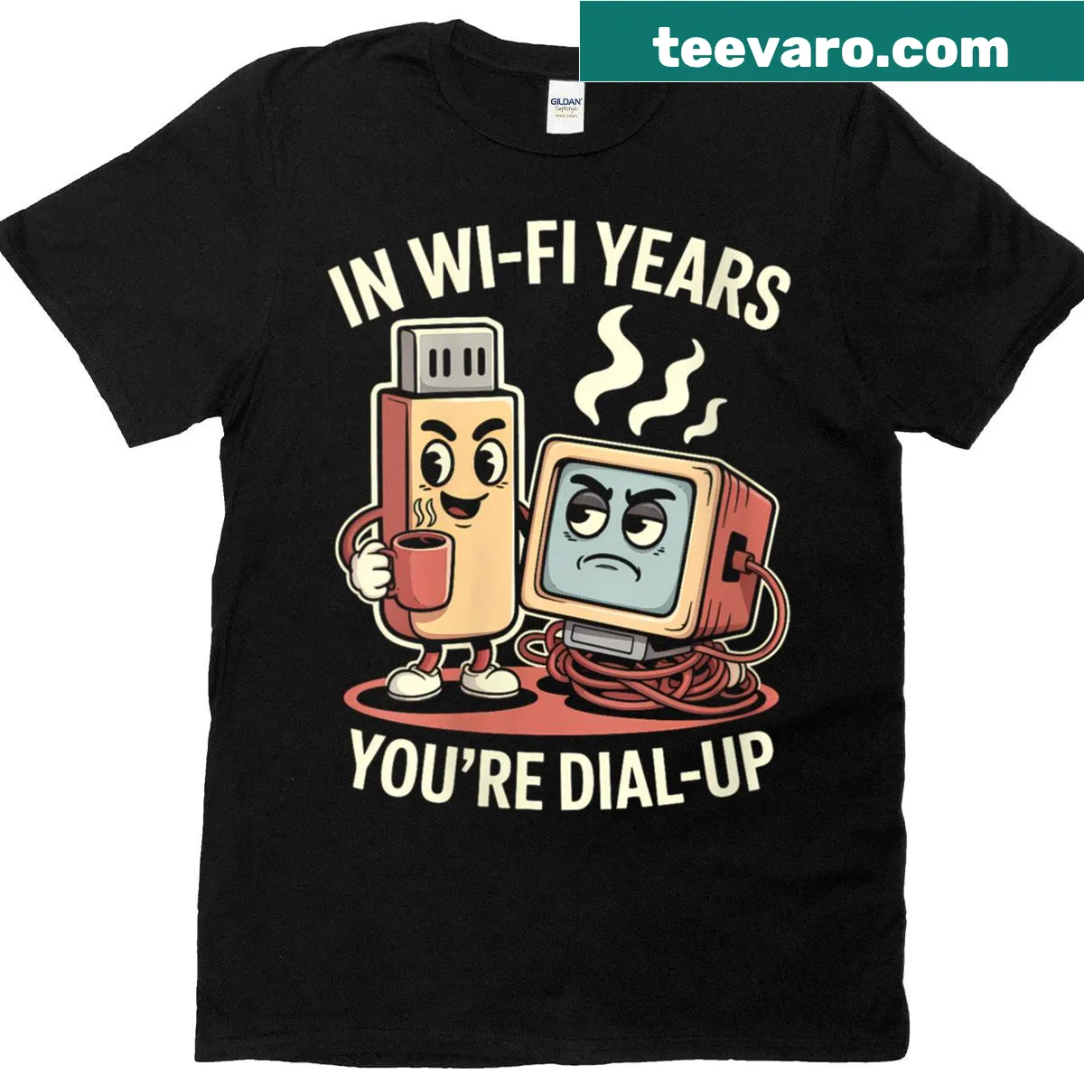 Retro geek T-shirt with dial-up and Wi-Fi humorous graphics — on a men's t-shirt