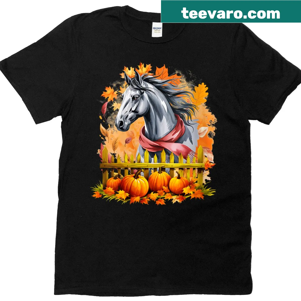Autumn graphic with maple leaves and horse theme on a women's t-shirt — on a men's t-shirt
