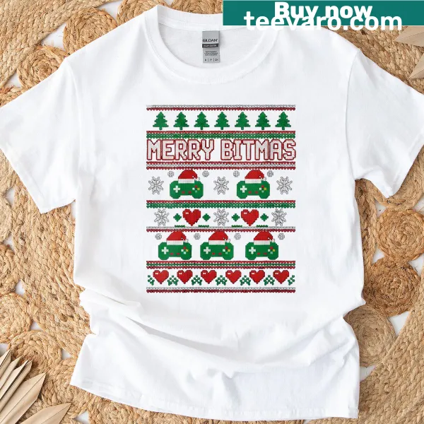 Retro 8-bit gaming graphic with Christmas elements on T-shirt