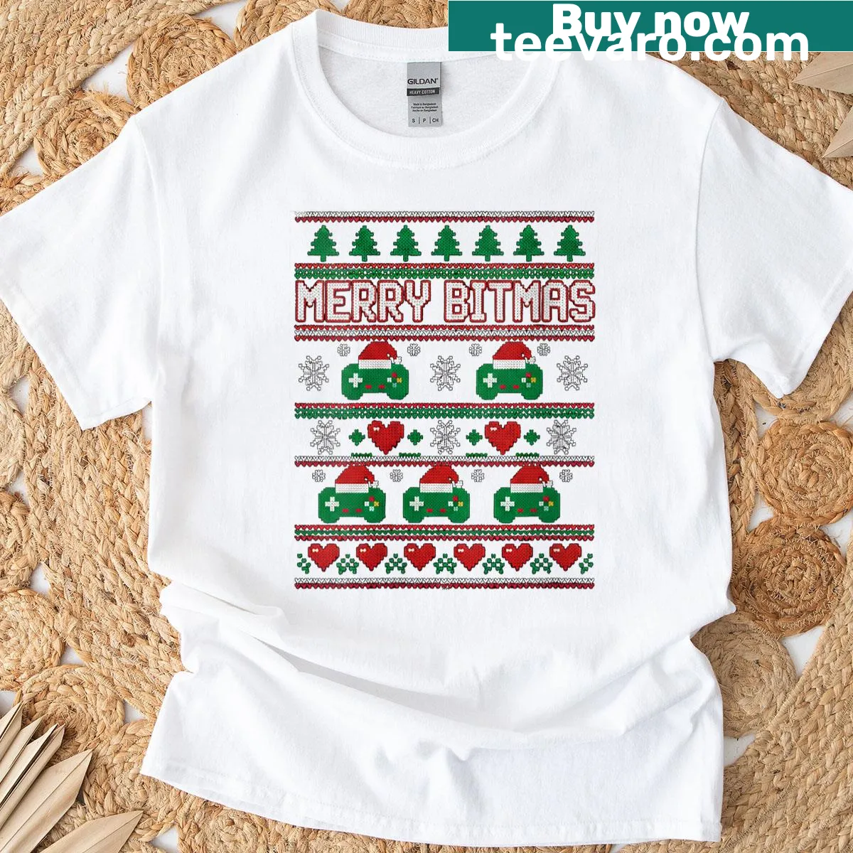 Retro 8-bit gaming graphic with Christmas elements on T-shirt — on a men's t-shirt