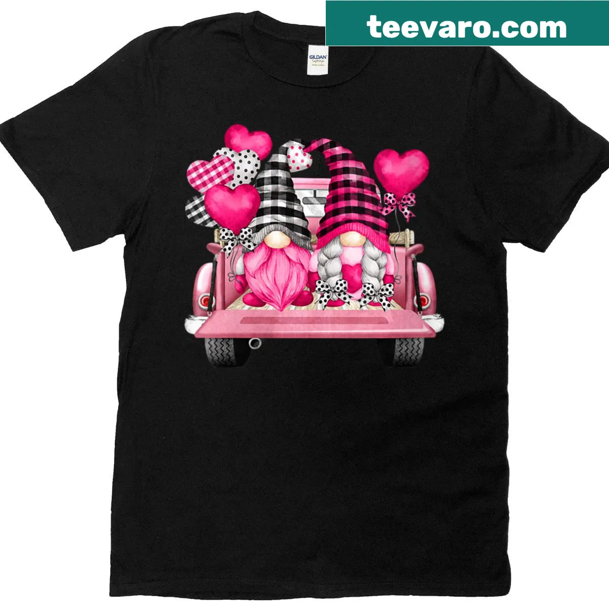 Cute Valentine’s Day t-shirt featuring a gnome driving a heart-filled truck. — on a men's t-shirt