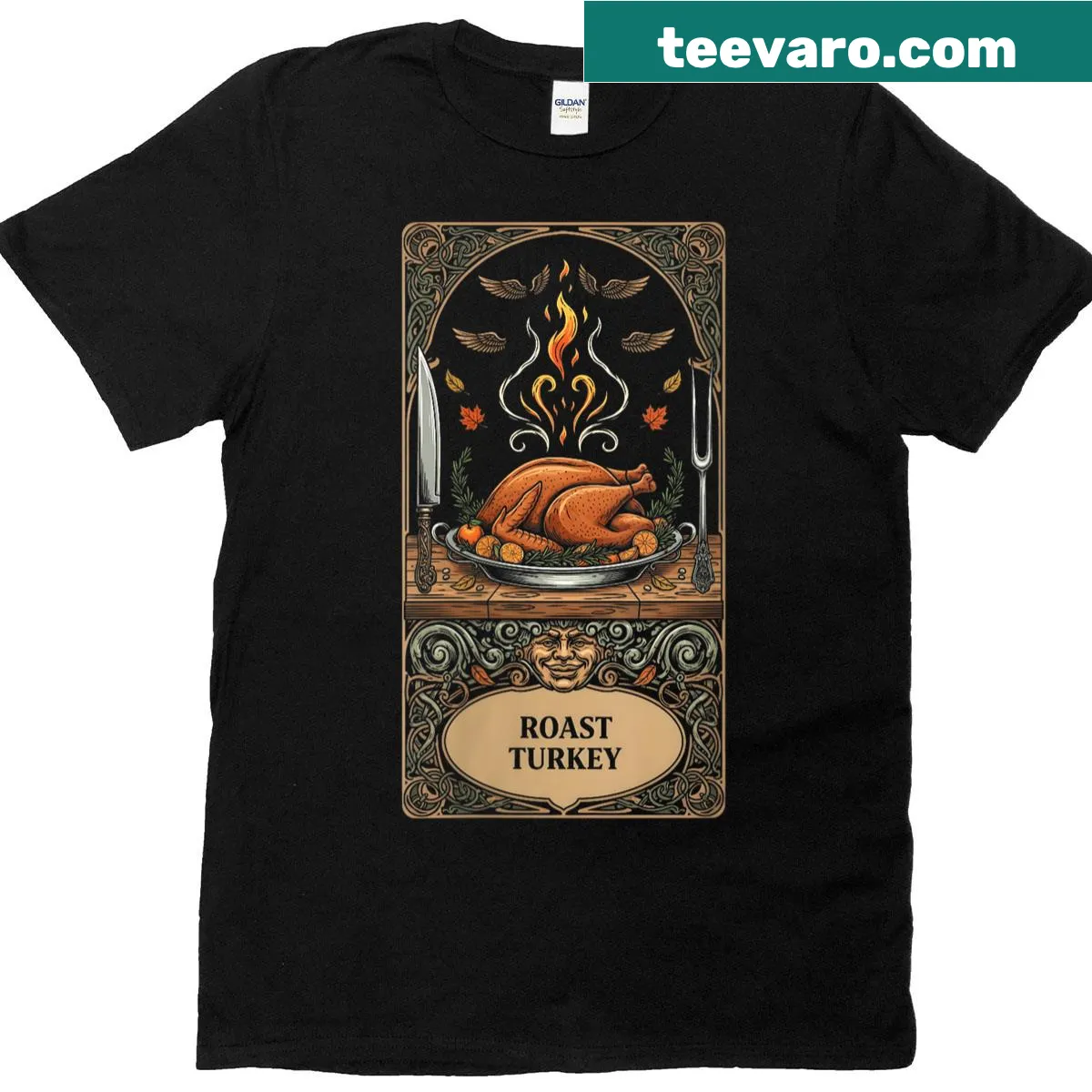 Retro Thanksgiving t-shirt with a turkey art nouveau illustration. — on a men's t-shirt