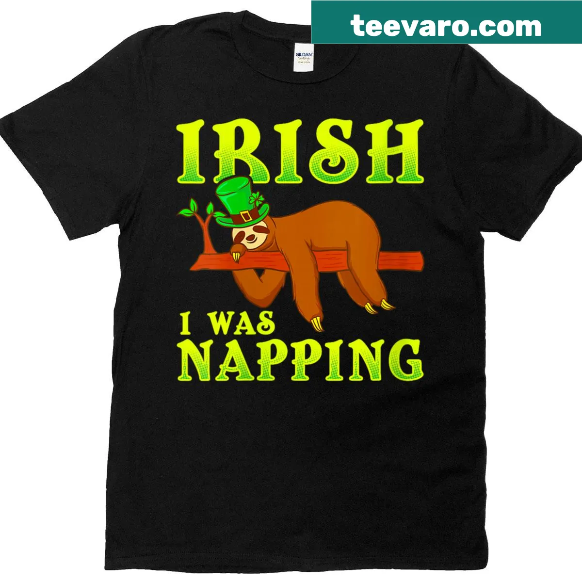 Funny St. Patrick's Day sloth-themed T-shirt with napping text — on a men's t-shirt