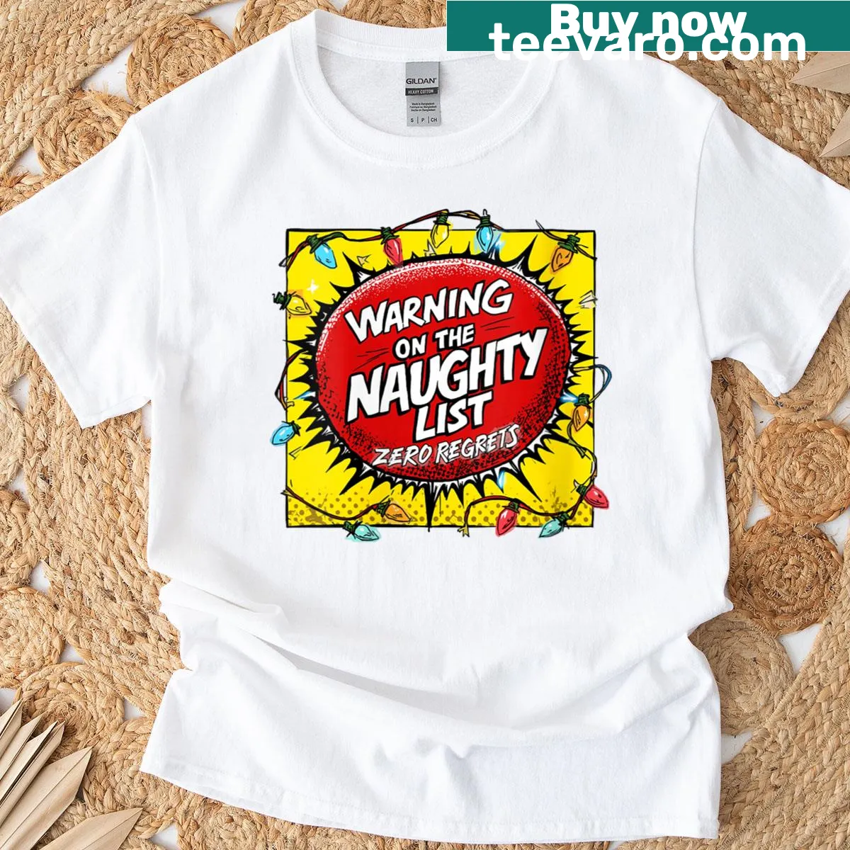 Funny Christmas t-shirt with 'On The Naughty List, Zero Regrets' graphic — on a men's t-shirt