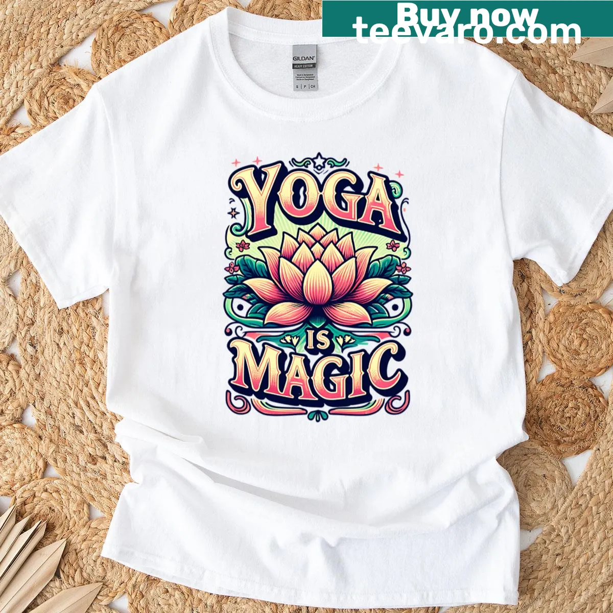 Inspirational T-shirt with 'Yoga Is Magic' text — on a men's t-shirt