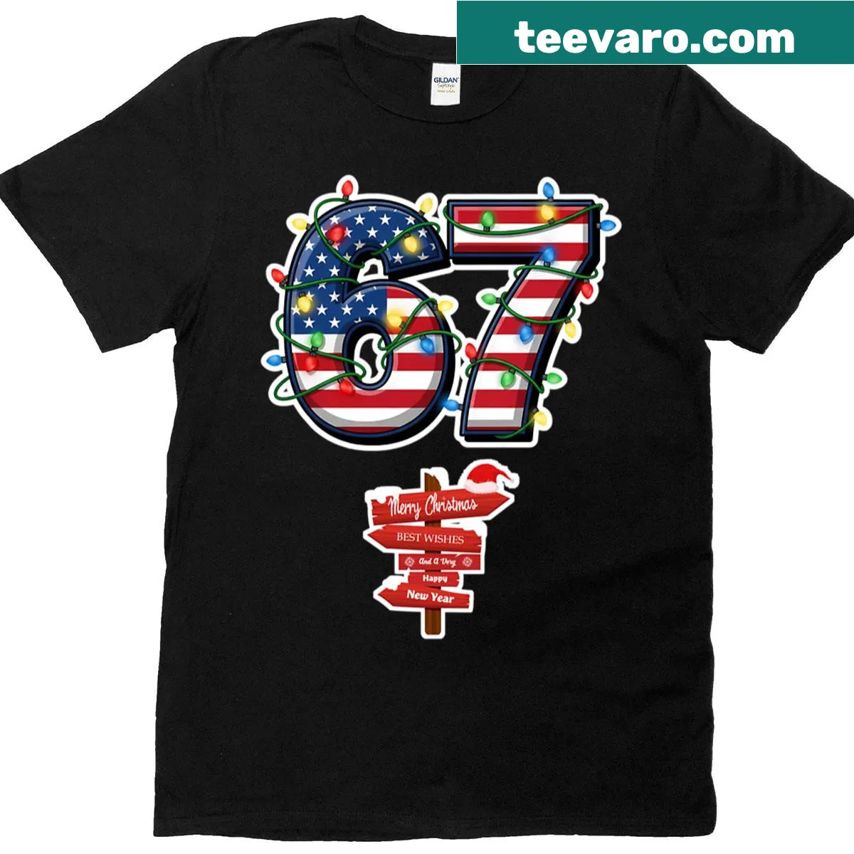 US flag graphic T-shirt with a stylized 67 design — on a men's t-shirt