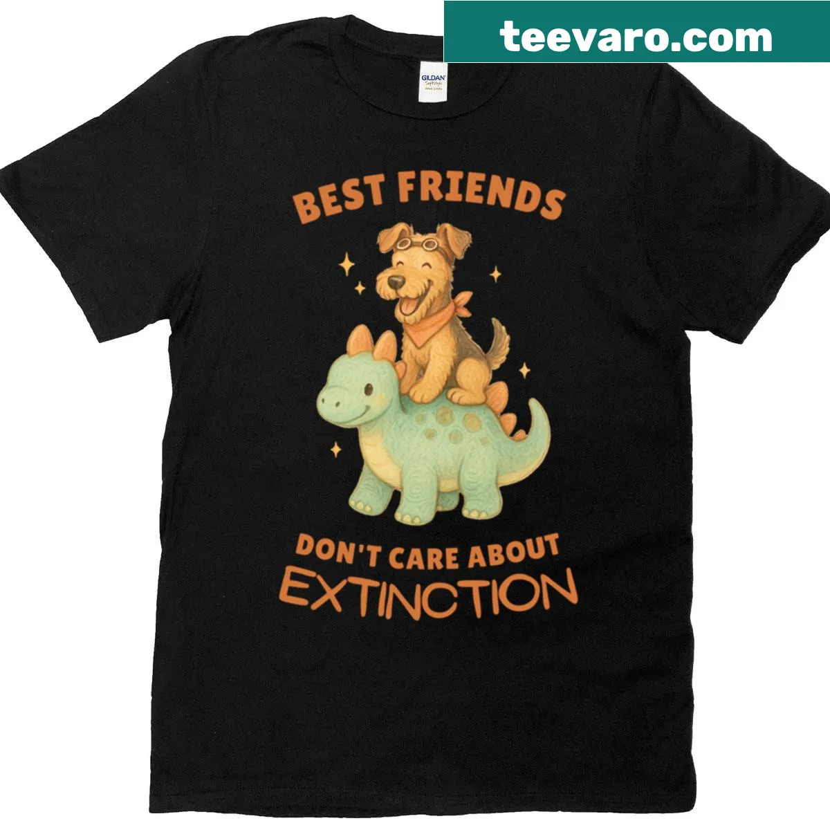 Airedale Terrier riding a Stegosaurus, playful illustration on T-shirt — on a men's t-shirt